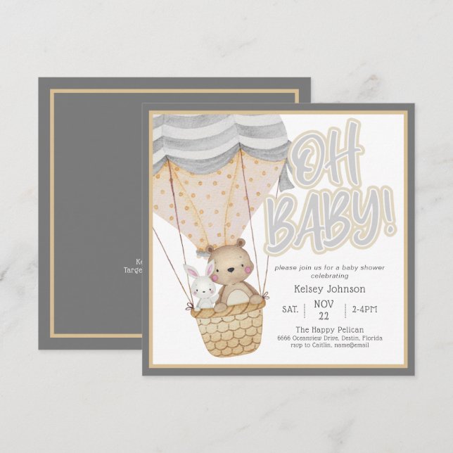 Invitation Neutre Oh Baby Bois Baby shower Animaux (Devant / Derrière)