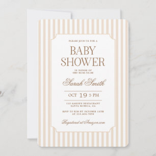 Invitation neutre pour baby shower à rayures beige