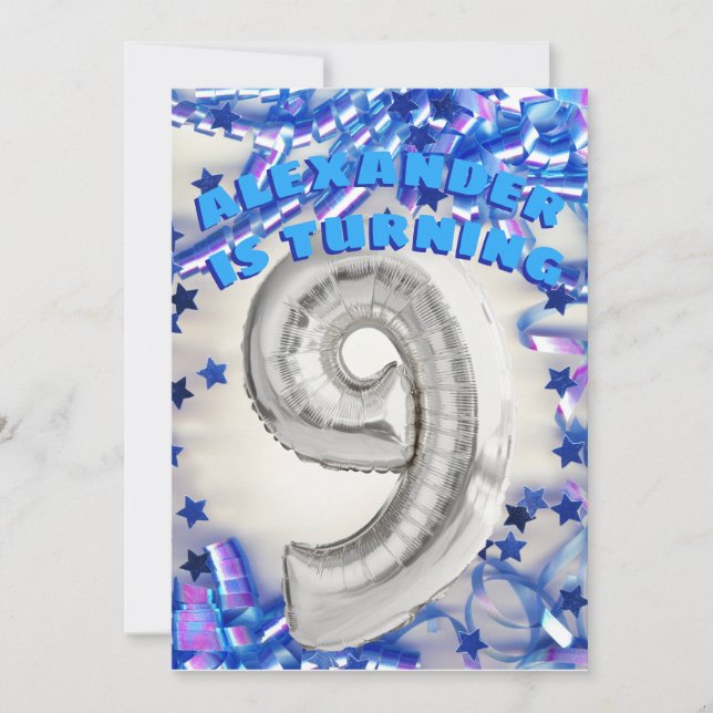 Invitation Neuvième anniversaire Silver et Blue Age 9 garçons (Devant)