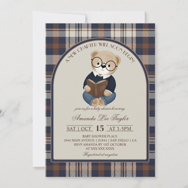 Invitation New Chapter Bear Baby Shower  (Devant)