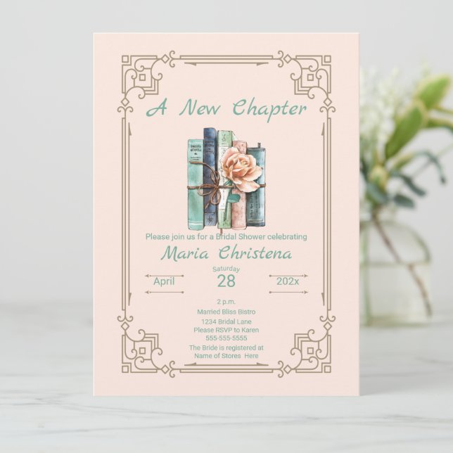 Invitation New Chapter Begins Bridal Shower Book Stack Floral (Debout devant)
