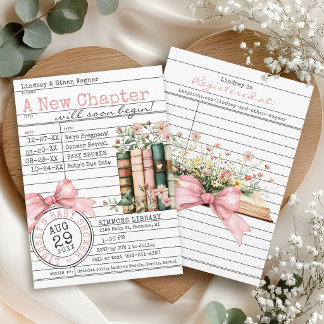 Invitation New Chapter Library Card Book Bow Baby Girl Shower