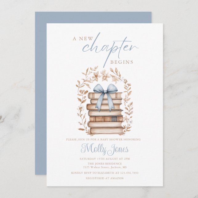 Invitation New Chapter Storybook Blue Baby Shower All In One (Devant / Derrière)