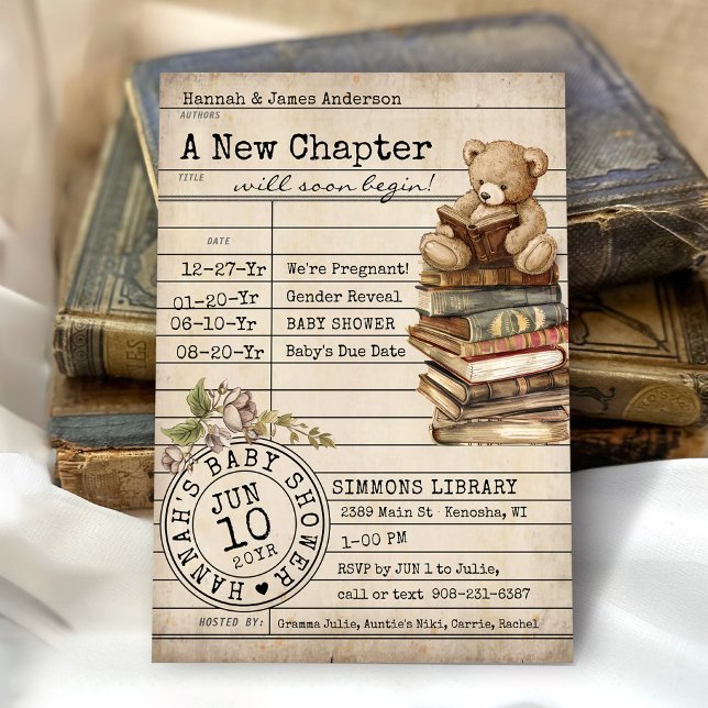 Invitation New Chapter Vintage Books Library Card Baby Shower (New Chapter Vintage teddy bear library card books theme floral gender neutral baby shower invitation)