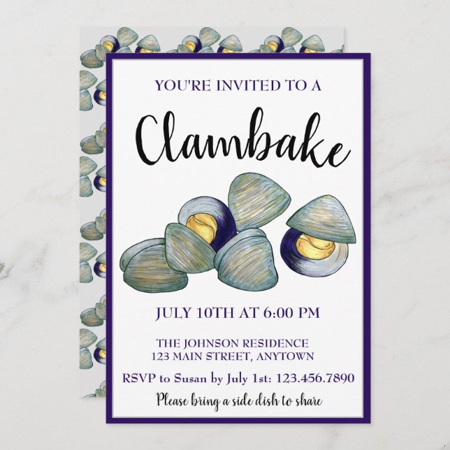 Invitation New England Clambake Beach Summer Seood Dinner (Devant / Derrière)