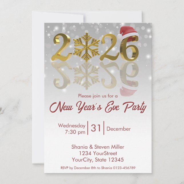Invitation New Year 2026 Golden with Snowflake and Santa Hat (Devant)