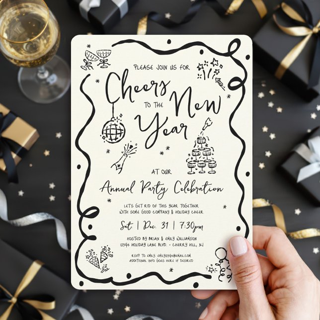 Invitation New Year Cheer Hand Drawn Doodle Cream Black Party (Créateur téléchargé)
