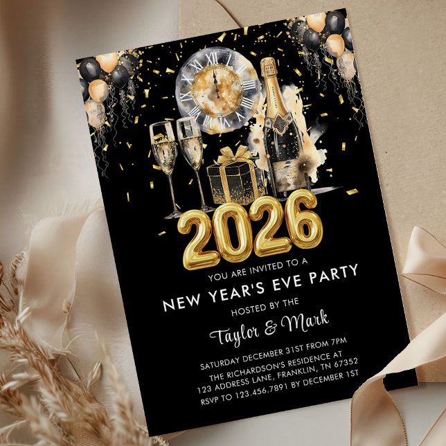 Invitation New Year's Eve Party Balck Gold Glitter Champagne (Créateur téléchargé)
