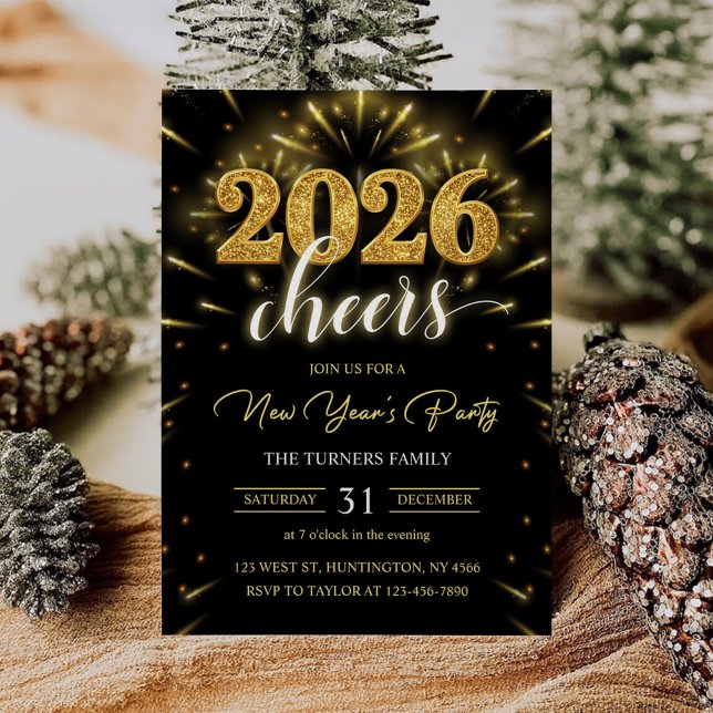 Invitation New Year's Party 2026 Gold Black Modern (Créateur téléchargé)