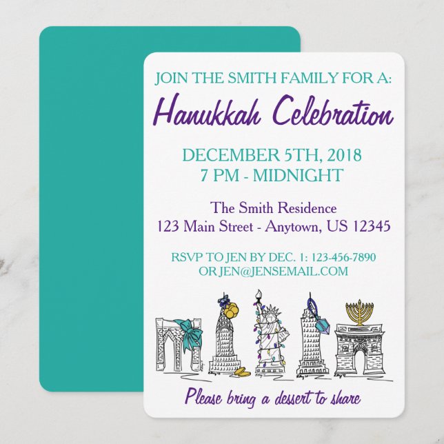 Invitation New York Hanoukka NYC Landmarks Jewish Holiday (Devant / Derrière)