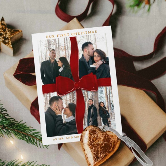 Invitation Newlywed Our First Christmas Red Bow Photo Holiday (Red Bow Our First Christmas as Mr and mrs greeting card)