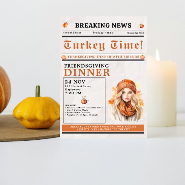 Invitation Newspaper Friendsgiving Dinner Thanksgiving Fall (Newspaper Friendsgiving Dinner Thanksgiving Fall Invitation simple minimalist pumpkin funny unique)