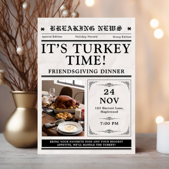 Invitation Newspaper Friendsgiving Dinner Thanksgiving Fall (thanksgiving invitations dinner friendsgiving party feast rustic fall leaves newspaper style vintage)