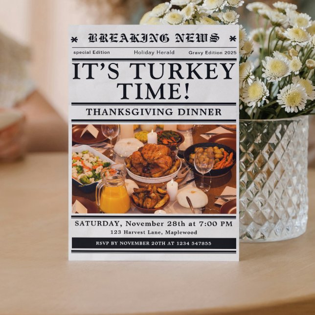 Invitation Newspaper Thanksgiving Dinner Fall  (newspaper invitations unique fun classic vintage black and white)