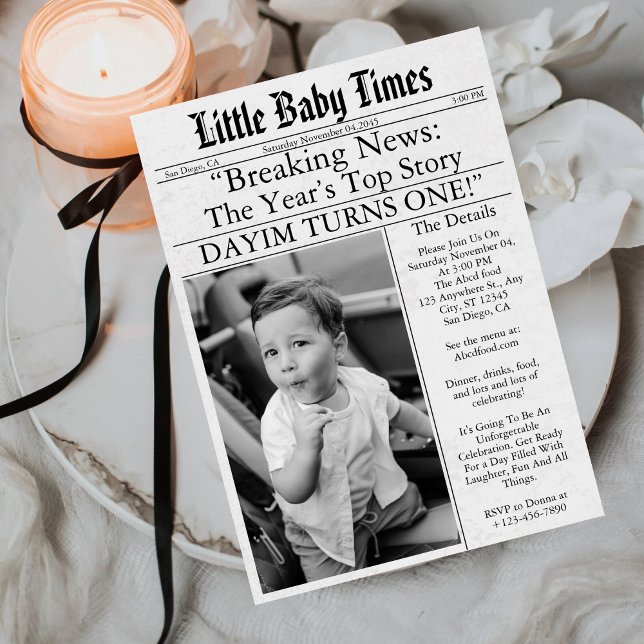 Invitation Newspaper Unique Fun Photo Boy 1st Birthday Party (Créateur téléchargé)