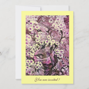 INVITATION NID D'OISEAU, ARBRE AUX FLEURS JAUNES ROUGES ROSES