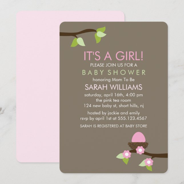 Invitation Nid d'oiseau et baby shower de fille de fleurs (Devant / Derrière)