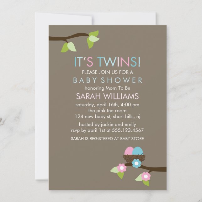 Invitation Nid d'oiseaux et Baby shower jumeaux en fleurs (Devant)