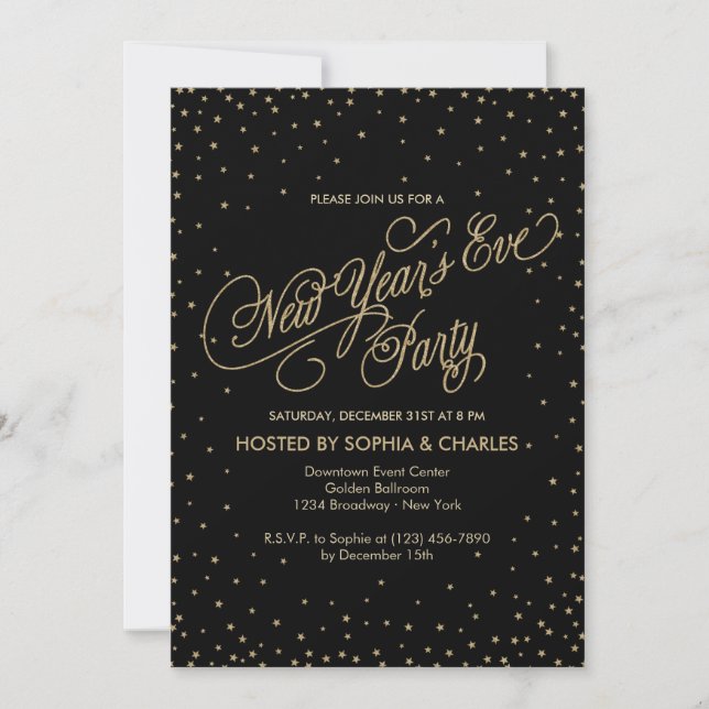 Invitation Night Stars Gold & Black New Year's Eve Party (Devant)