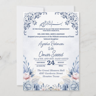 Invitation Nikah Bleu Blanc Floral Blanc