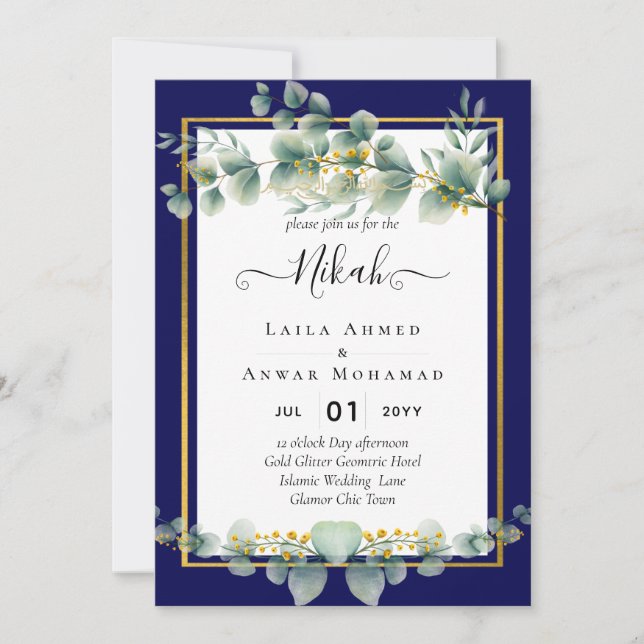 Invitation NIKAH NAVY BLUE GOLD Green Eucalyptus Mariage (Devant)