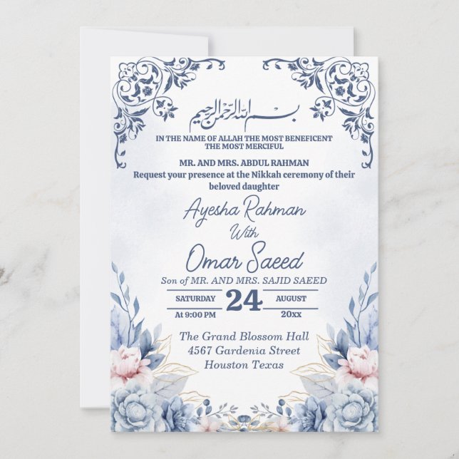 Invitation Nikkah Bleu Blanc Fleurie Blanche (Devant)