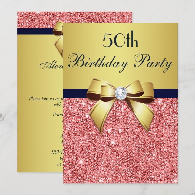Invitation N'importe quel âge Anniversaire Or Marine Coral Se (Devant / Derrière)