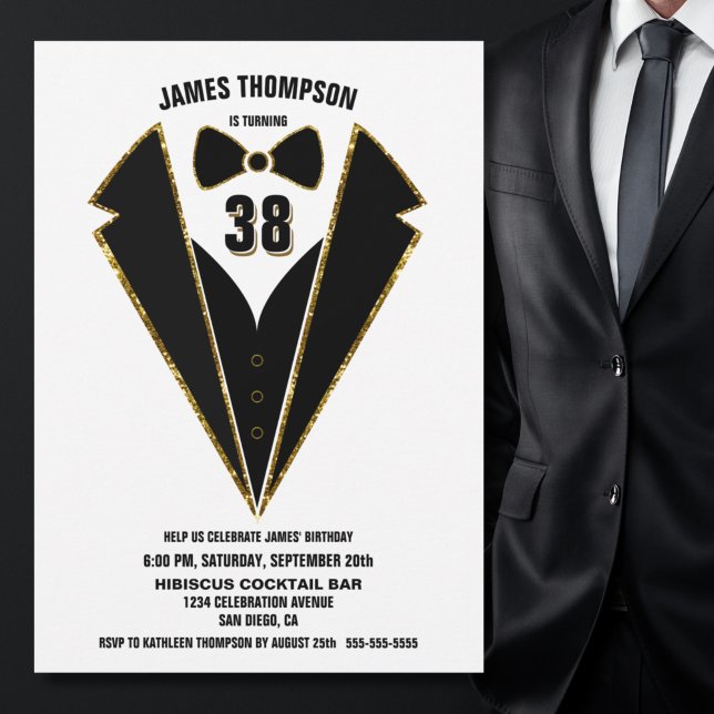 Invitation N'importe quel âge Black Gold Tuxedo fête d'annive (Créateur téléchargé)