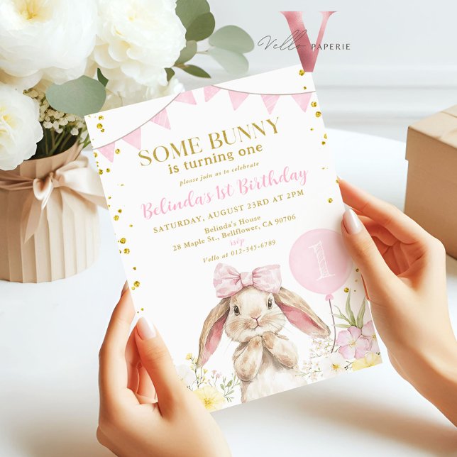 Invitation N'IMPORTE QUEL ÂGE Bunny Pink Aquarelle Fleur sauv (Créateur téléchargé)