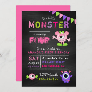 Invitation N'importe quel âge Chalkboard Petit Monster Fille 