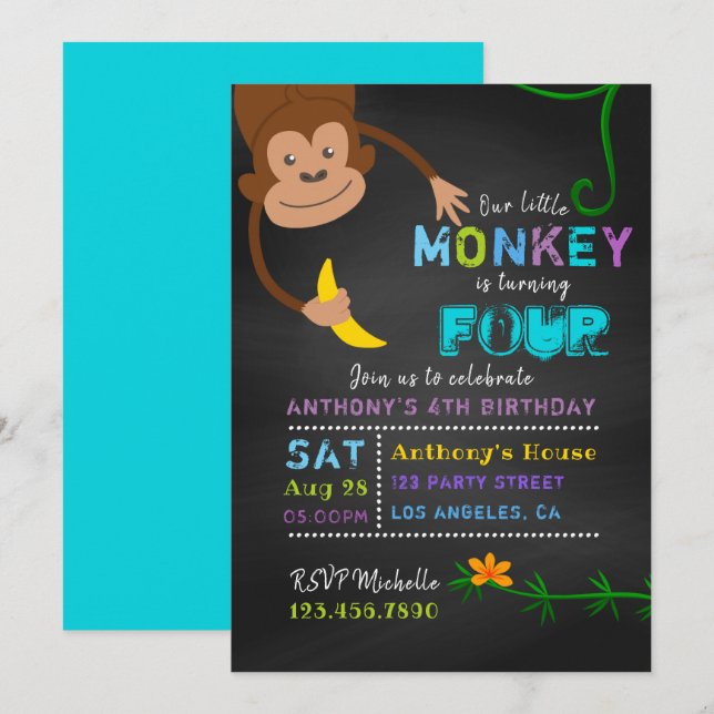 Invitation N'importe quel âge Chalkboard Petit Singe Garçon A (Devant / Derrière)