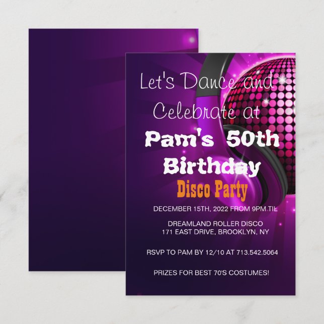Invitation N'importe quel âge -Disco fête d'anniversaire (Devant / Derrière)