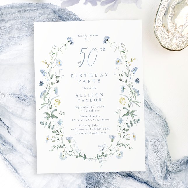 Invitation N'importe quel âge Dusty Blue Fleur sauvage Boho 5 (Any Age Dusty Blue Wildflower Boho 50th Birthday Invitation)