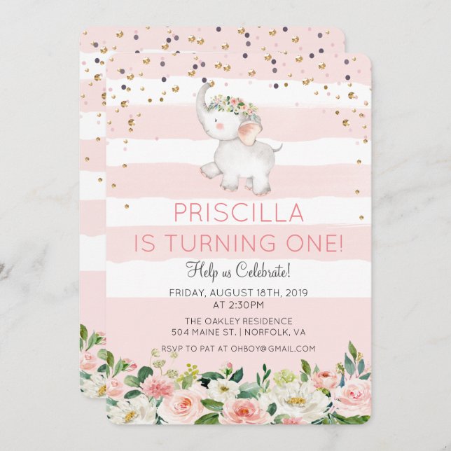 Invitation N'IMPORTE QUEL ÂGE - Eléphante Fille Anniversaire  (Devant / Derrière)