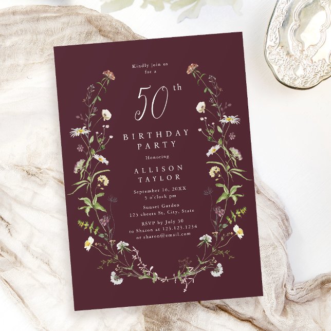 Invitation N'importe quel âge Fleur sauvage bordeaux Boho 50e (Any Age burgundy Wildflower Boho 50th Birthday Invitation)