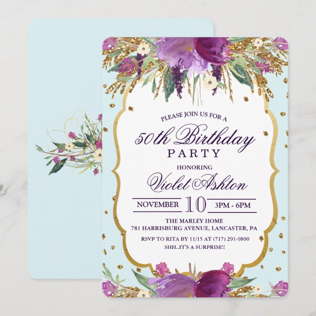 Invitation N'IMPORTE QUEL ÂGE - Floral Anniversaire Fête Invi (Devant / Derrière)