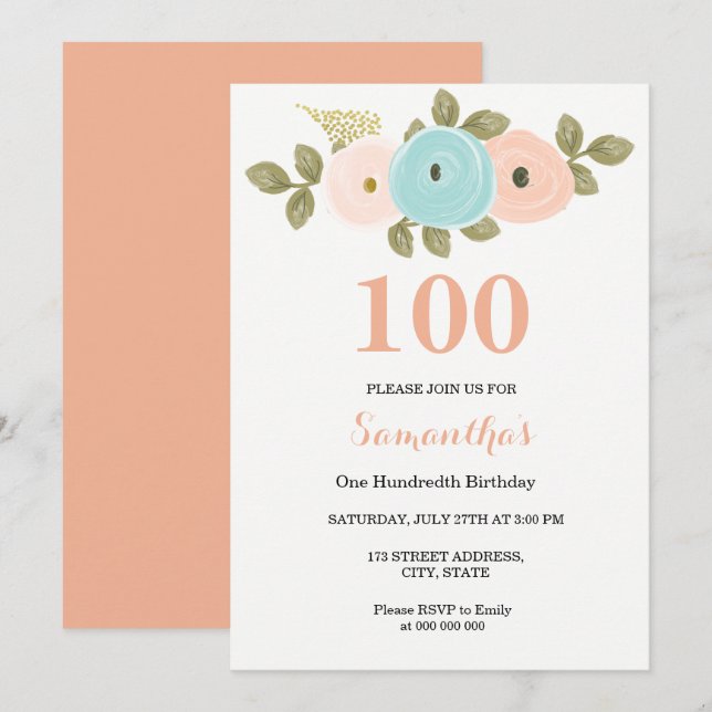 Invitation N'importe quel âge Floral Joli Peach 100e annivers (Devant / Derrière)