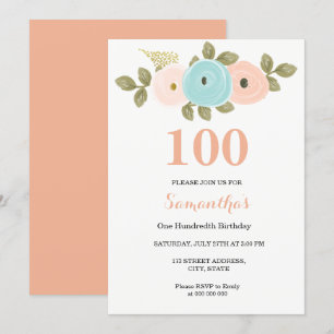 Invitation N'importe quel âge Floral Joli Peach 100e annivers
