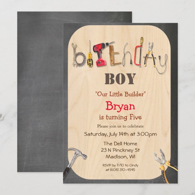 Invitation N'IMPORTE QUEL ÂGE - Garçon Outil Builder Annivers (Devant / Derrière)