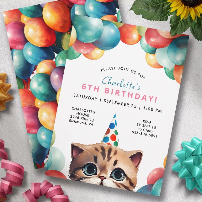 Invitation N'importe quel âge | Kitty Cat Rainbow Balloons An (Créateur téléchargé)