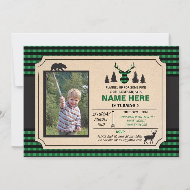 Invitation N'importe quel âge Lumberjack Anniversaire Invitat (Devant)