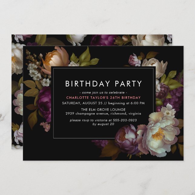 Invitation N'importe quel âge | Moderne Black Moody Dark Flor (Devant / Derrière)