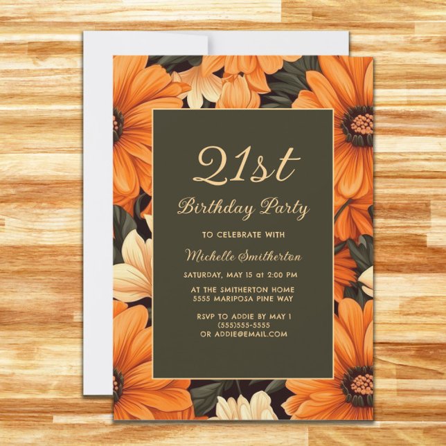Invitation N'importe quel âge Orange Fleurs Brown Anniversair (Elegant orange flowers on brown birthday party invitation)