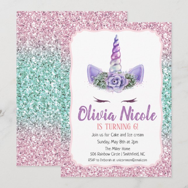 Invitation N'IMPORTE QUEL ÂGE - Parties scintillant Unicorn I (Devant / Derrière)