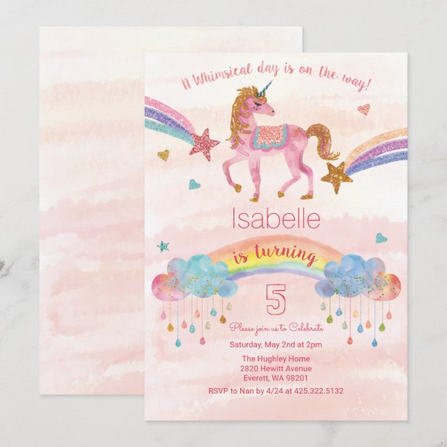 Invitation N'IMPORTE QUEL ÂGE - Parties scintillant Unicorn I (Devant / Derrière)