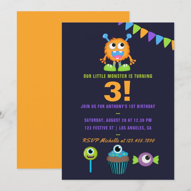 Invitation N'importe quel âge Petit Monster Garçon fête d'ann (Devant / Derrière)