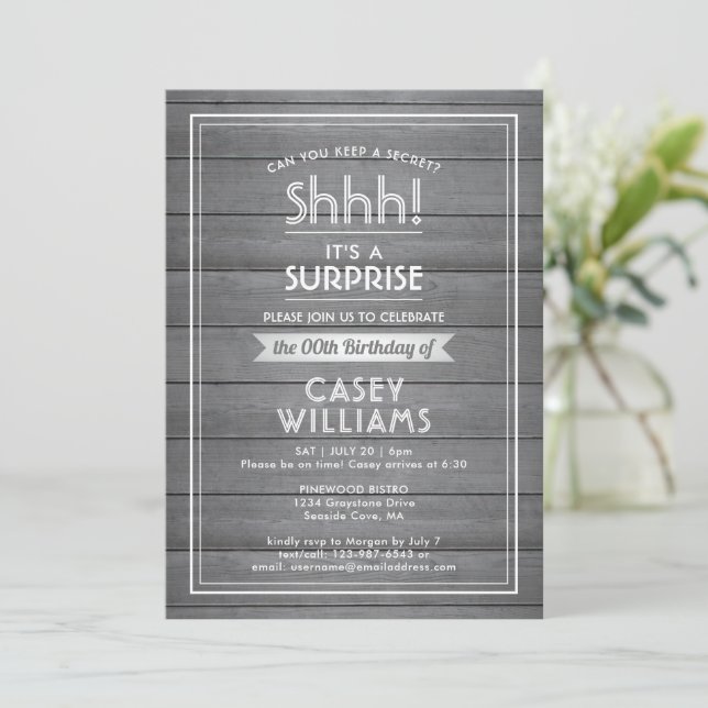 Invitation N'importe quel âge Surprise Anniversaire Gris Faux (Debout devant)