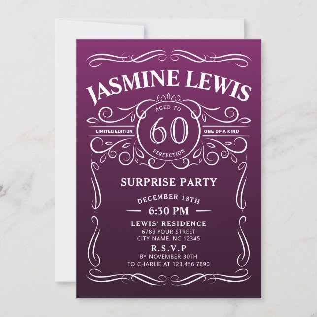 Invitation N'importe quel âge whisky violet surprise 60e anni (Devant)