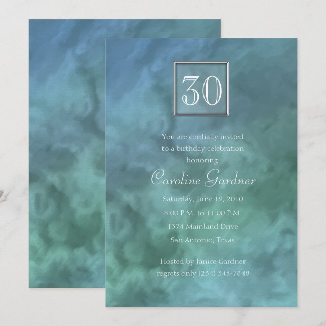 Invitation N'Importe Quel Numéro Bleu Marbre Aqua Anniversair (Devant / Derrière)