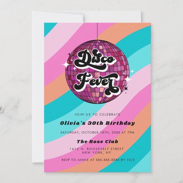 Invitation N'importe quelle année Retro Disco Ball rose Anniv (Devant)